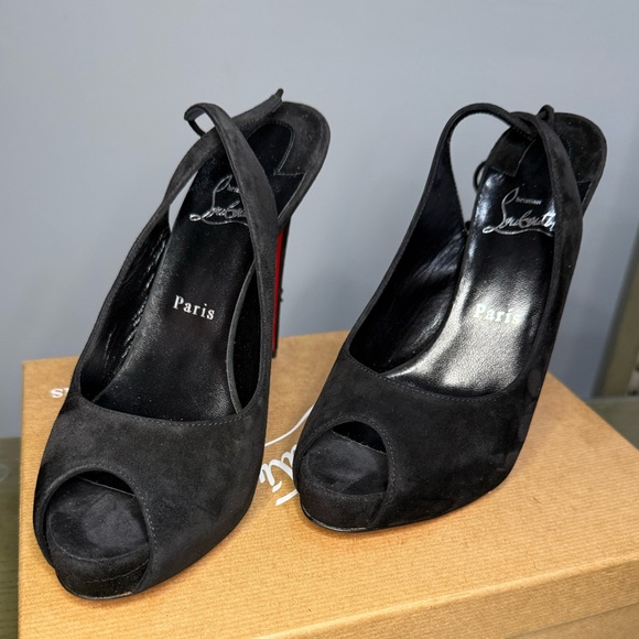 Christian Louboutin Black Suede Peep Toe Heels - Picture 5 of 14